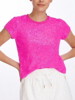 Generation Love NEW Kai Barbie Pink Sequined Short Sleeve Top SZ Large Glam Y2K